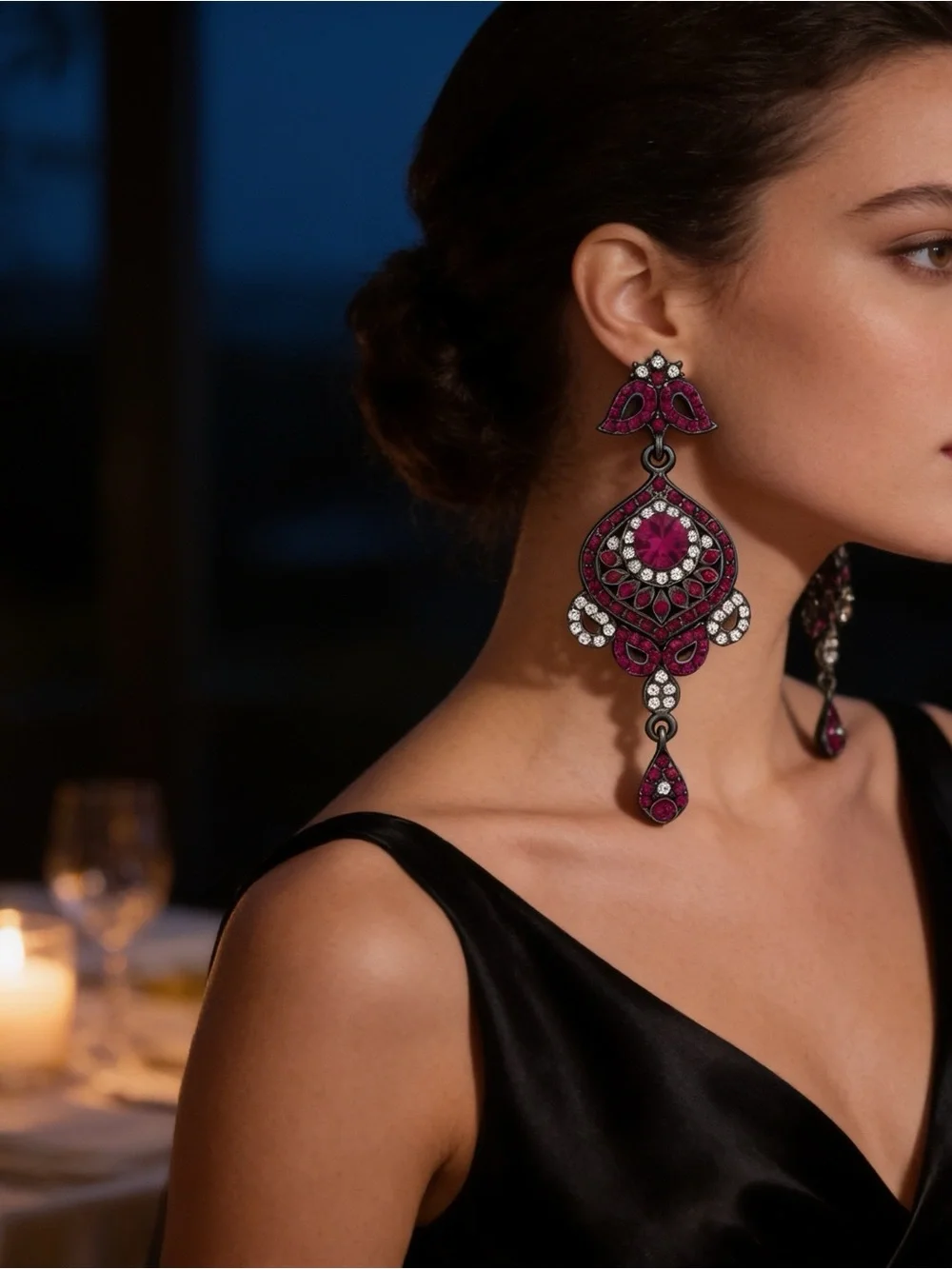 Victorian Fuchsia Crystal Diamond Gothic Chandelier Dangle Earrings